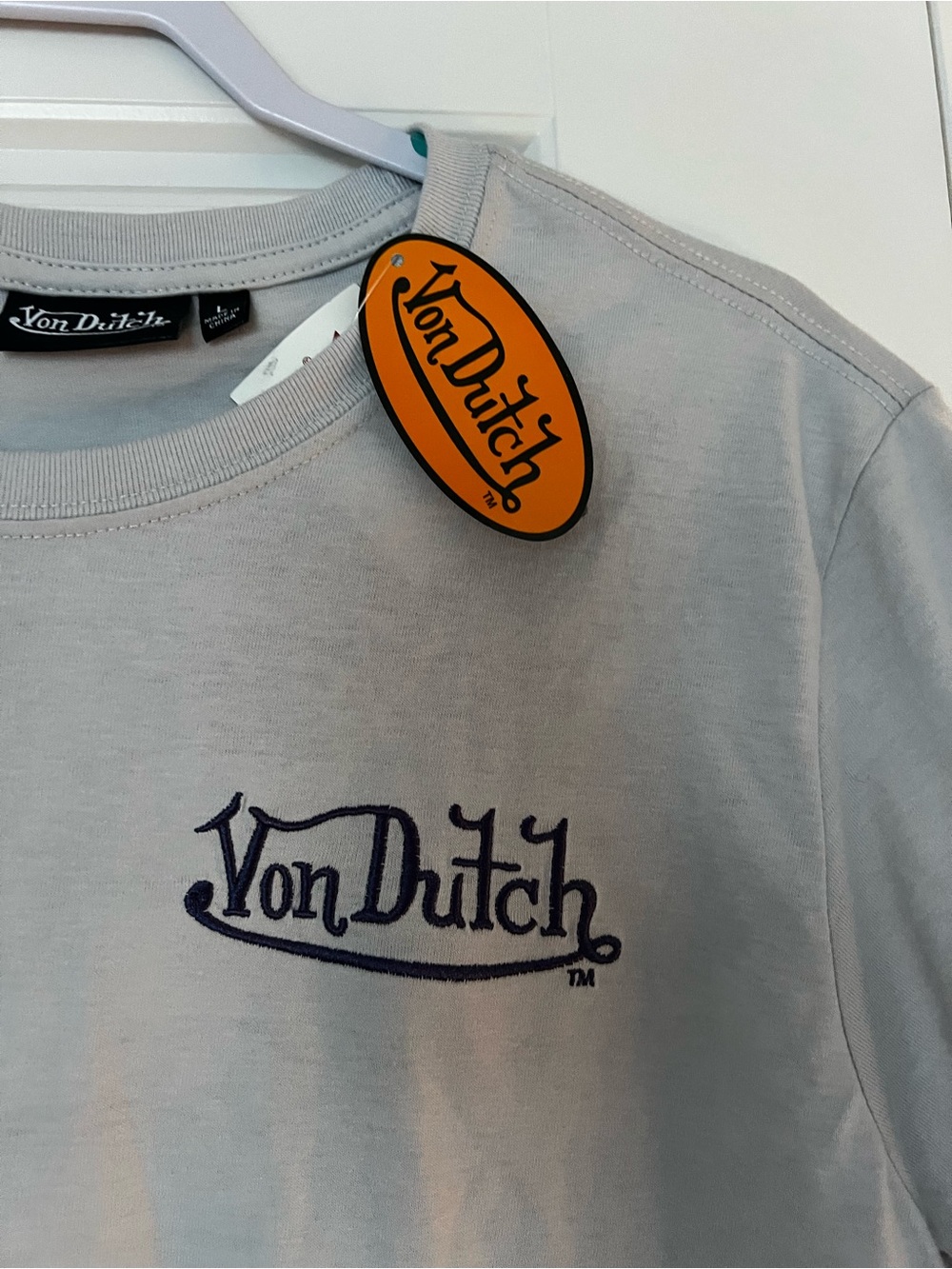 Von Dutch Light Gray Crewneck Tee with Navy Logo Men’s Large